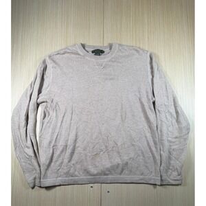 Orvis Cashmere Sweater Mens Medium Beige Cotton Tight Knit Ribbed Trim Crew Neck
